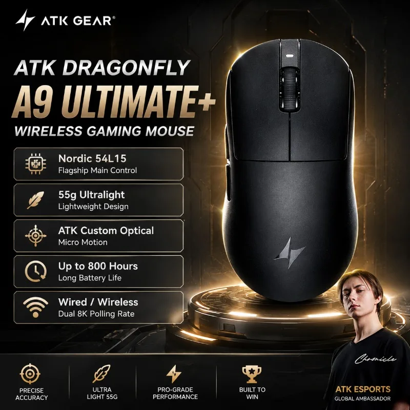 ATK Dragonfly A9 Ultimate+ Gaming Mouse PAW3950 Ultra 55G Lightweight Wireless 8K Ergonomic Esports Mouse FPS Gamer PC Pro Elite