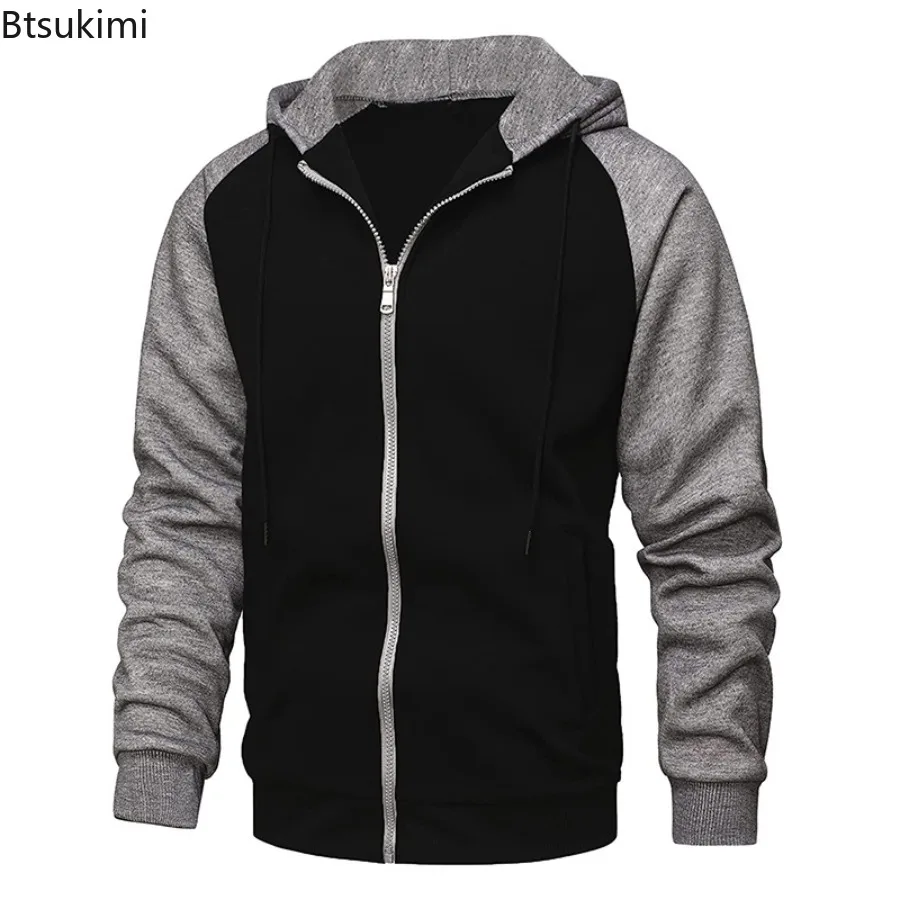 

New 2025 Men's Casual Hooded Jackets Autumn Winter Fleece Zipper Hoodies Coats for Men Fashion Patchwork Sweatshirts with Pocket