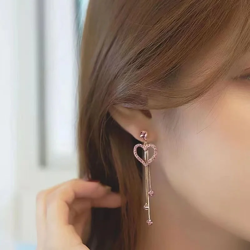 New Korean Pink Crystal Butterfly Drop Earrings For Women Love Heart Shape Long Tassel Dangle Earring Wedding Party Jewelry Gift