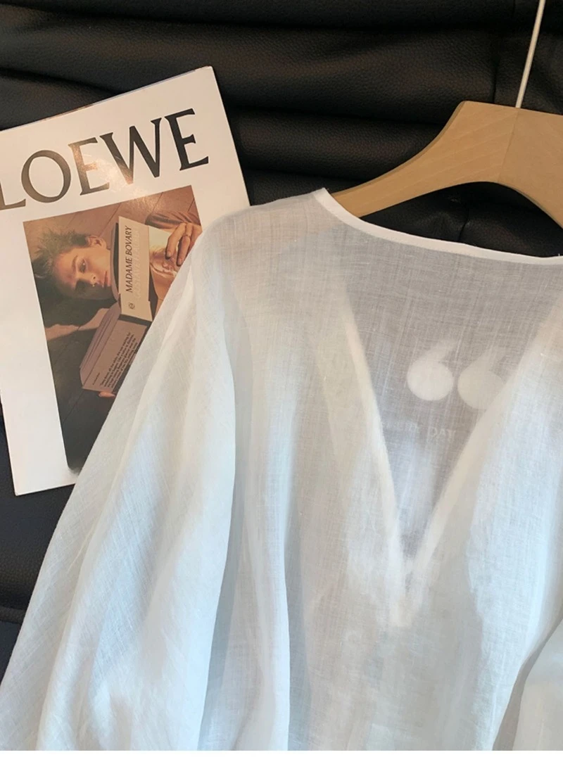 Blusas de estilo chino para mujer, camisas Vintage lisas, ropa holgada de verano a la moda, Tops de mujer de lino y algodón de manga larga con cuello en V