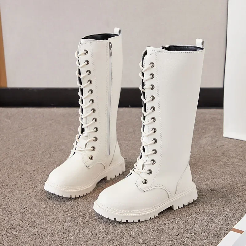 12-year-old Children Girls Purity Lace Up Long Single Medium High Microfiber Skin Princess Cotton Boots