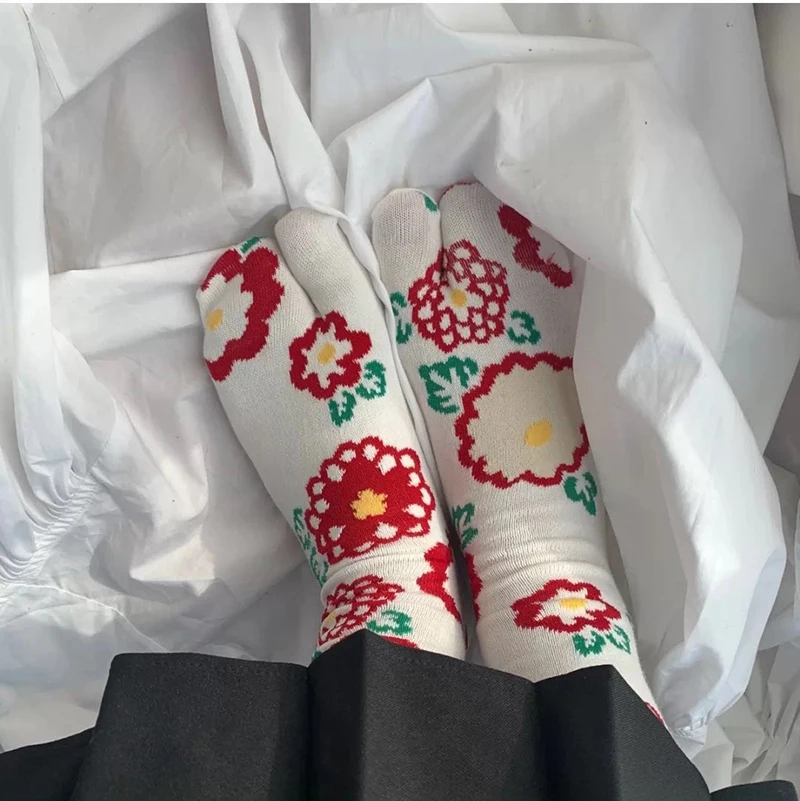 Spring Summer Cute Multi Colored Jacquard Carrot Cat Flower Artistic Patterns Cotton Split Toe Woman Socks Two-Toed Tabi Sox