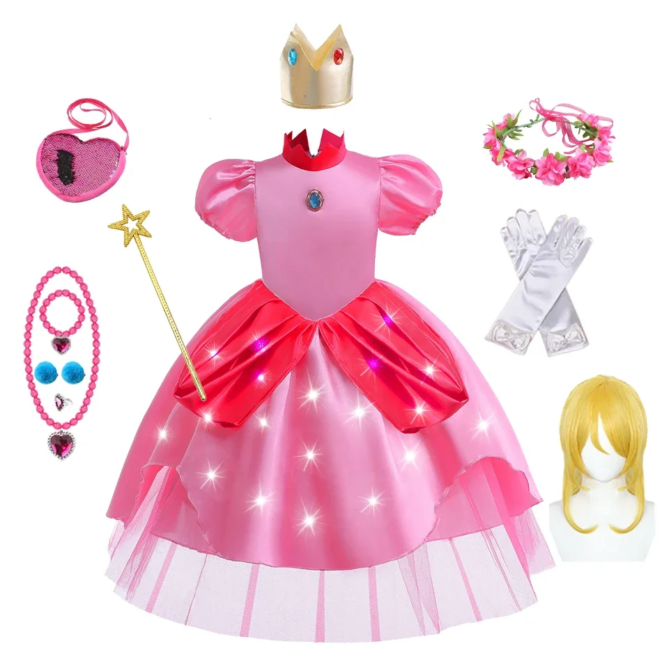 Peach Princess Dress for Girl Costume with LED Lights kids Stage Performance Clothes Children Carnival Birthday Party Festival C