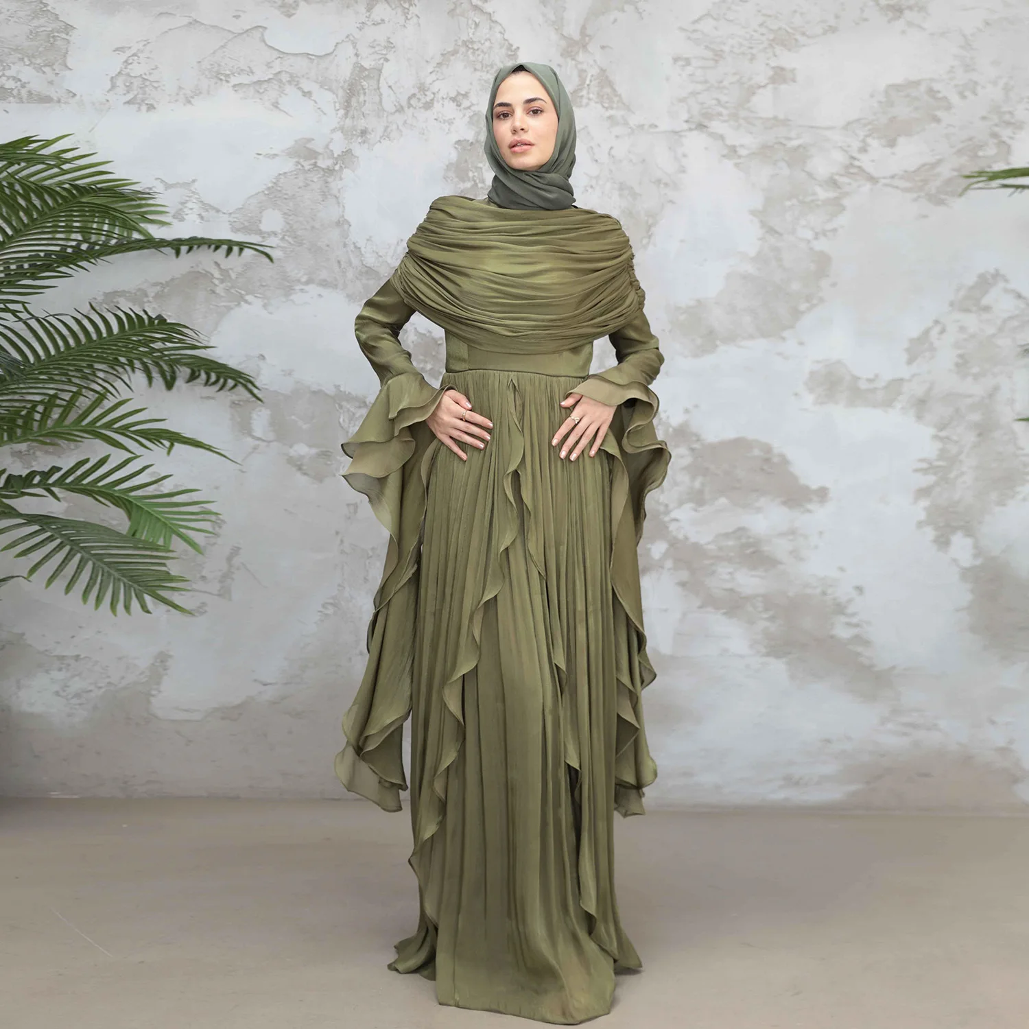 

Элегантное вечернее платье с высокой талией и оборками для женщин, мусульманская мода, длинные вечерние платья, Дубайская абайя, Турецкий кафтан, Джеллаба, Джалабия