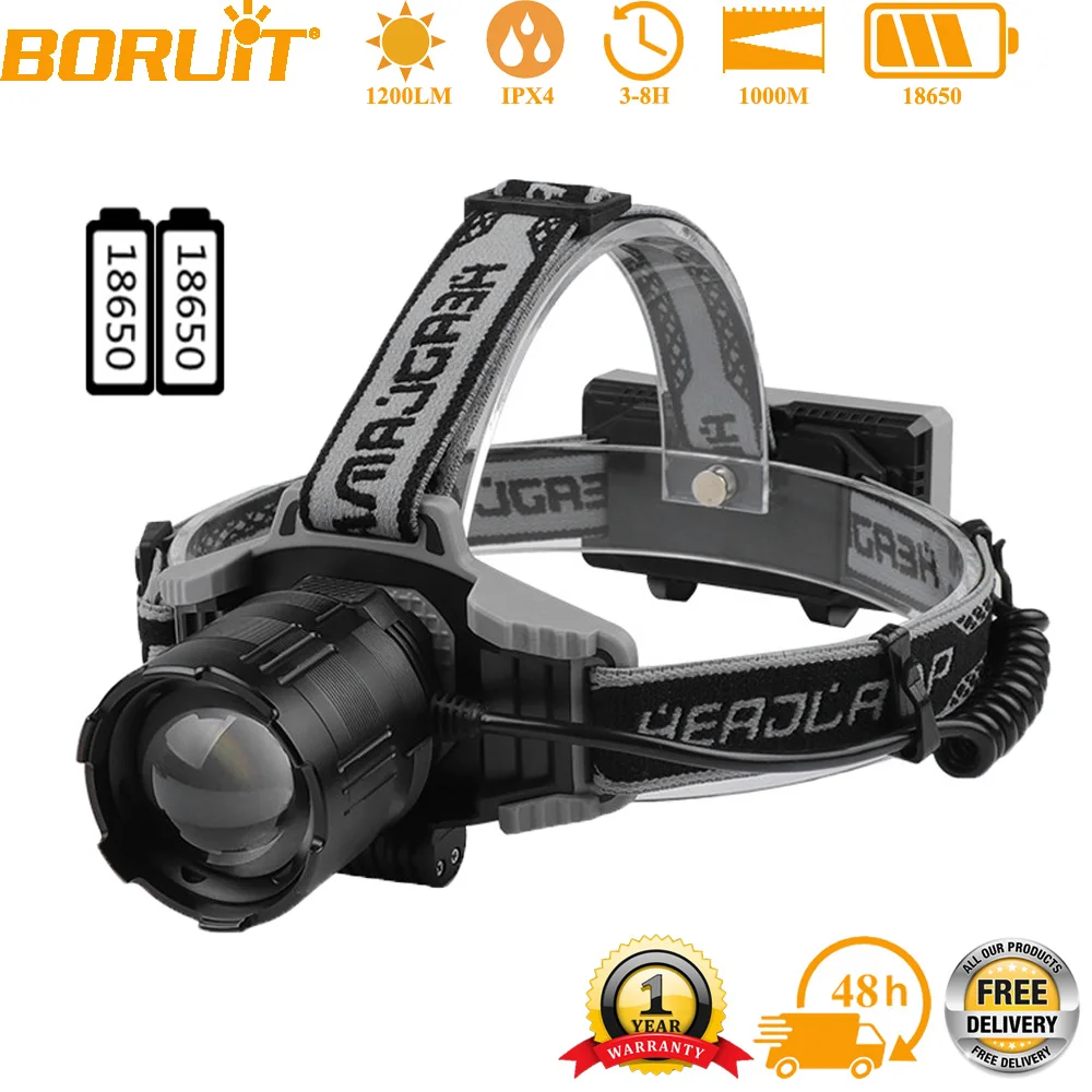 BORUiT 1200LM LED BORUiT 1200LM LED Headlamp Zoom 1000M Zoom USB Rechargeable Power Bank Headlight  Camping Fishing Head Lantern
