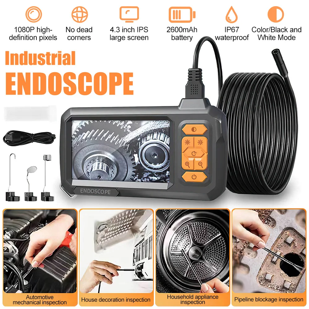 Industrial Endoscope Camera IP67 Waterproof 2M/5M Hard Wire D8mm Borescope Inspection Camera 1080P 4.3inch Screen Adjustable LED