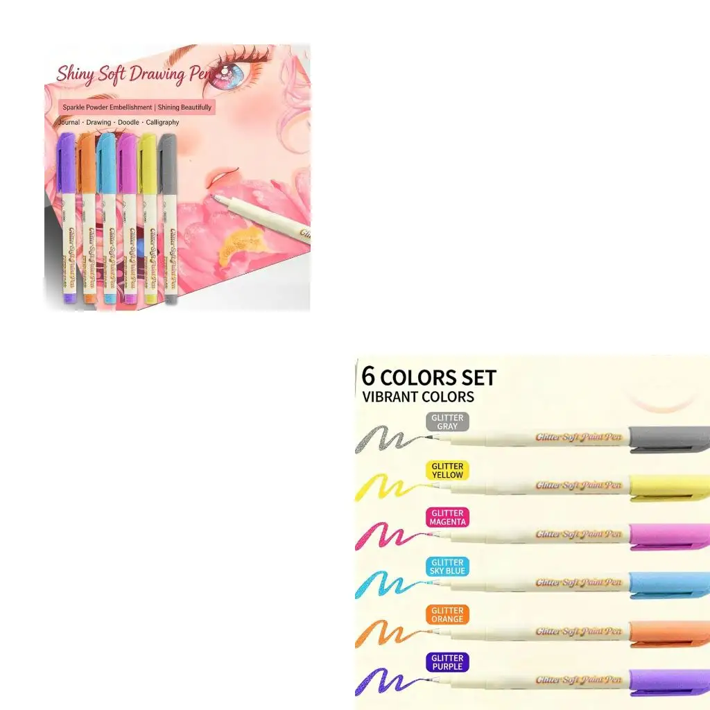  6Pcs Glowing Drawing Pen with Soft Brush Tip 1mm Line Wide Glittering Paint Pen For Scrapbooking Journaling Highlighting