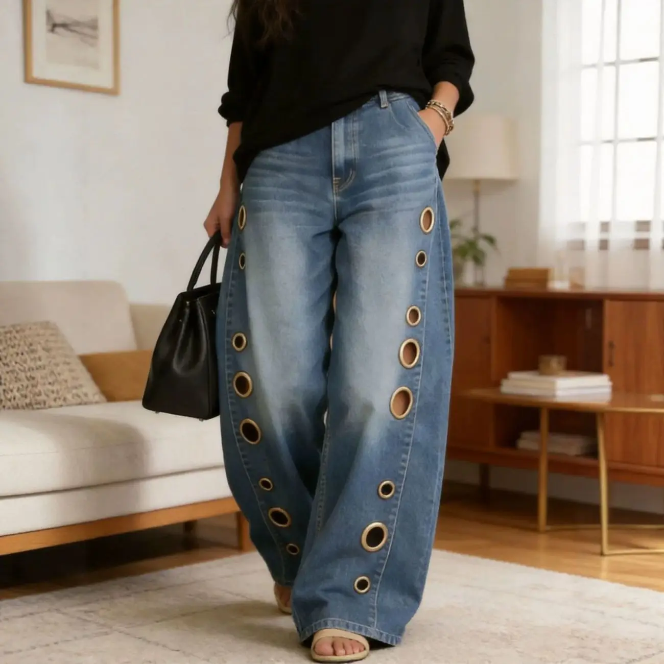 Streetwear Women Wide‑Leg Denim Pants Asymmetric Two‑Tone Splicing Eyelet Hole Detail Loose Baggy Jeans
