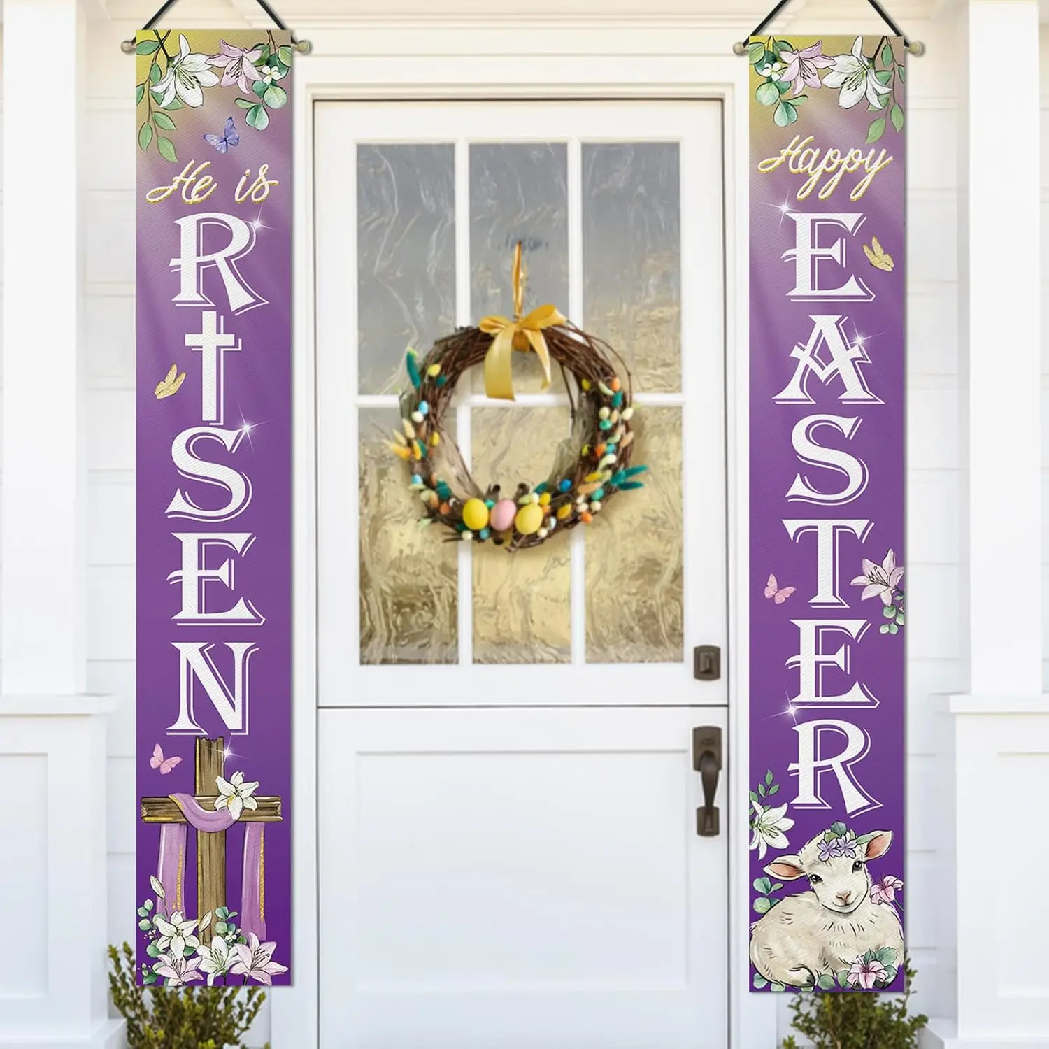 1 Pair Easter Religious Themed Couplets He Is Risen Purple Couplet Hanging Flags Holiday Door Decoration Ornaments