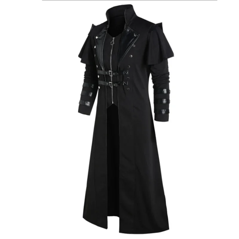 Cappotto da uomo medievale giacca lunga Costume Cosplay Trench con cappuccio Steampunk gotico