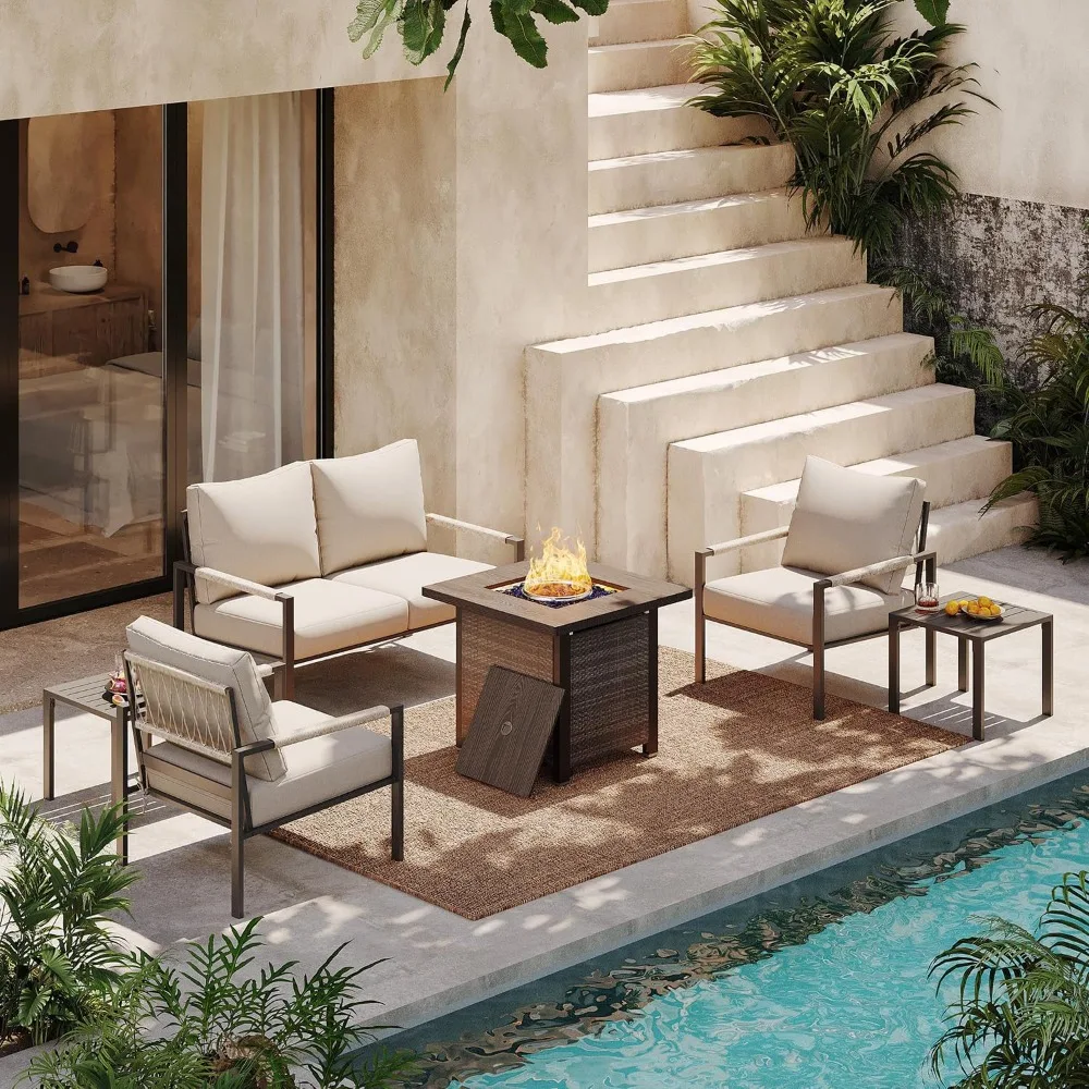 

Metal Patio Furniture Set w/Fire Pit Table, 6-Piece Patio Set with 5-Inch Thick Cushions, Outdoor Furniture Set for Garden.