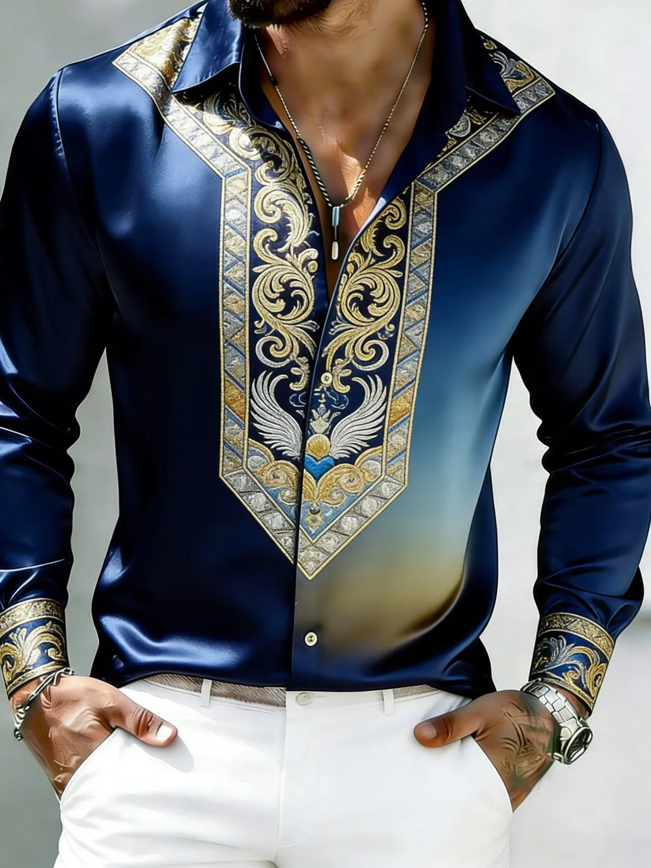 New Gilded Wings Baroque Composite Printed Long Sleeve Shirt with Smooth Drop and Satin Collar for Men