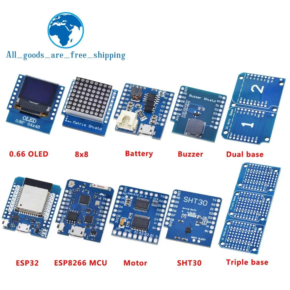 TZT Esp8266 D1 Mini Pro Wifi Nodemcu Data Logger Shield Ds1307 Battery 0.66 Oled Dc Power Buzzer V1.0.0 Dual Base For Wemos 