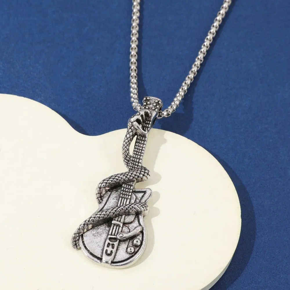 Vintage Hip Hop Rock Style Guitar Snake Pendant Necklace Unisex Creative Punk Jewelry Personality Gift