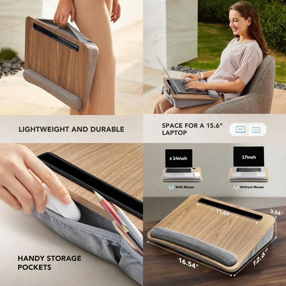 Portable Lap Laptop Desk with Pillow Cushion, Fits up to 15.6 inch Laptop, with Anti-Slip Strip & Storage Function for Home Offi