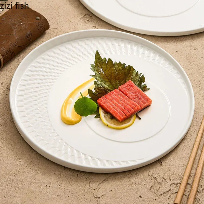 Pure White Relief Texture Eccentric Plate Ceramic Dining Plate Steak Plate Shallow Plates Dessert Plates Specialty Tableware