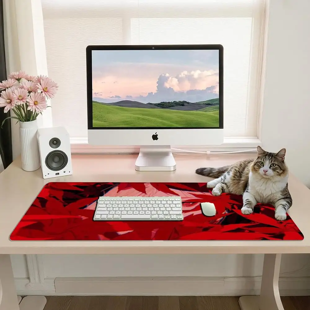 Moody Red Autumn Desk Pad Stylish Anime Female Portrait Peeking Through Vivid Crimson Maple Leaves Dark Red Tone Artwork