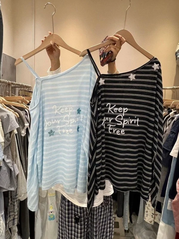

Loose Fit Striped Long Sleeve T-Shirt Women's Lazy Style Letter Print Summer New Arrival Casual Comfortable Top for Ladies