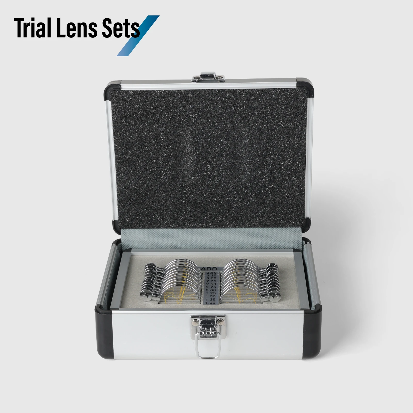 Progressive Optometrie-Testlinsen-Set – 22-teiliges Aluminiumgehäuse mit ADD +1,0 bis +3,5D-Metallöffnungsringe für den genauen Sehtest – Detail 2