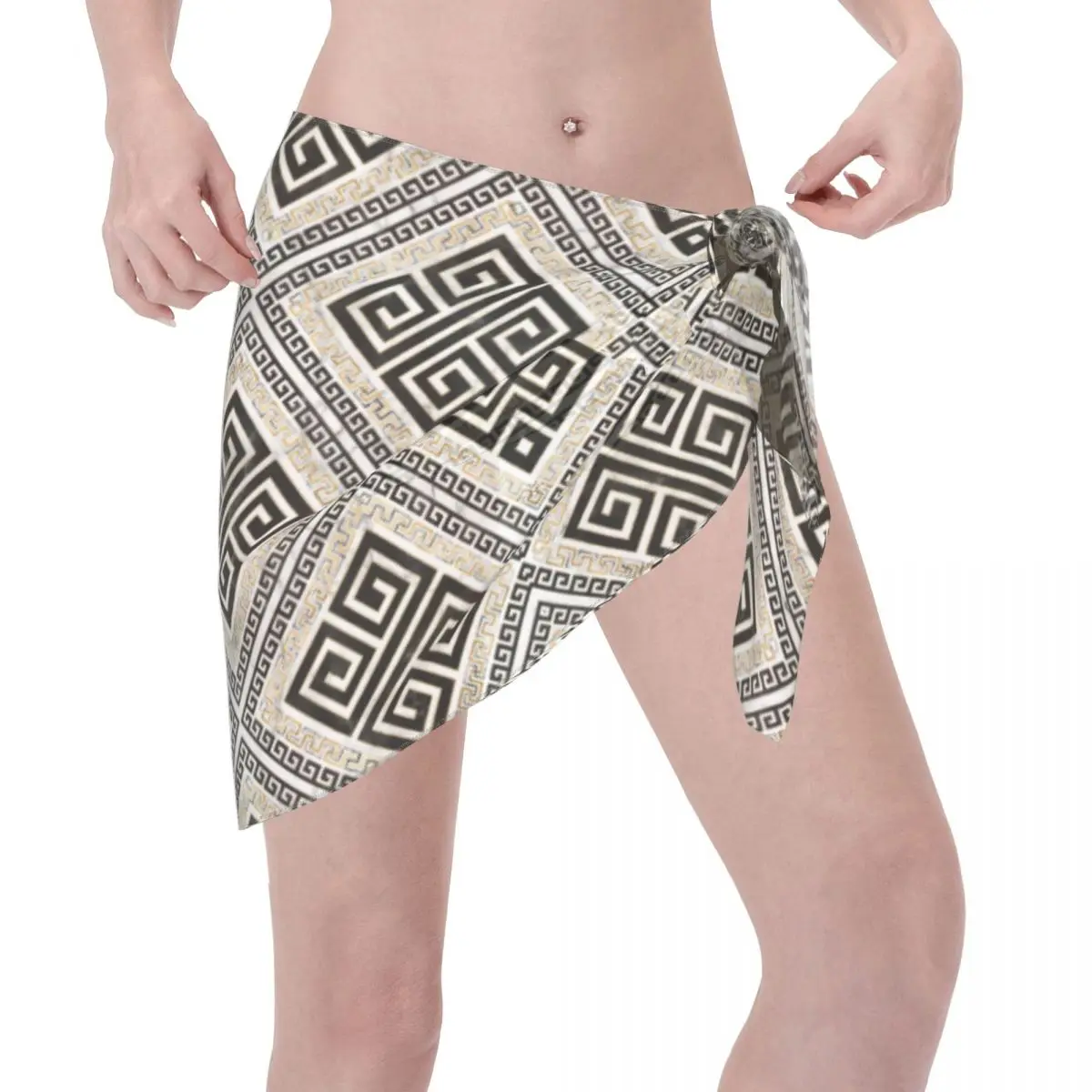 Niestandardowe greckie kluczowe bikini na plażę Wrap Meander czarno-biały marmur przezroczysty bikini na plażę zakrywająca krótką spódnicę szyfonowy szalik