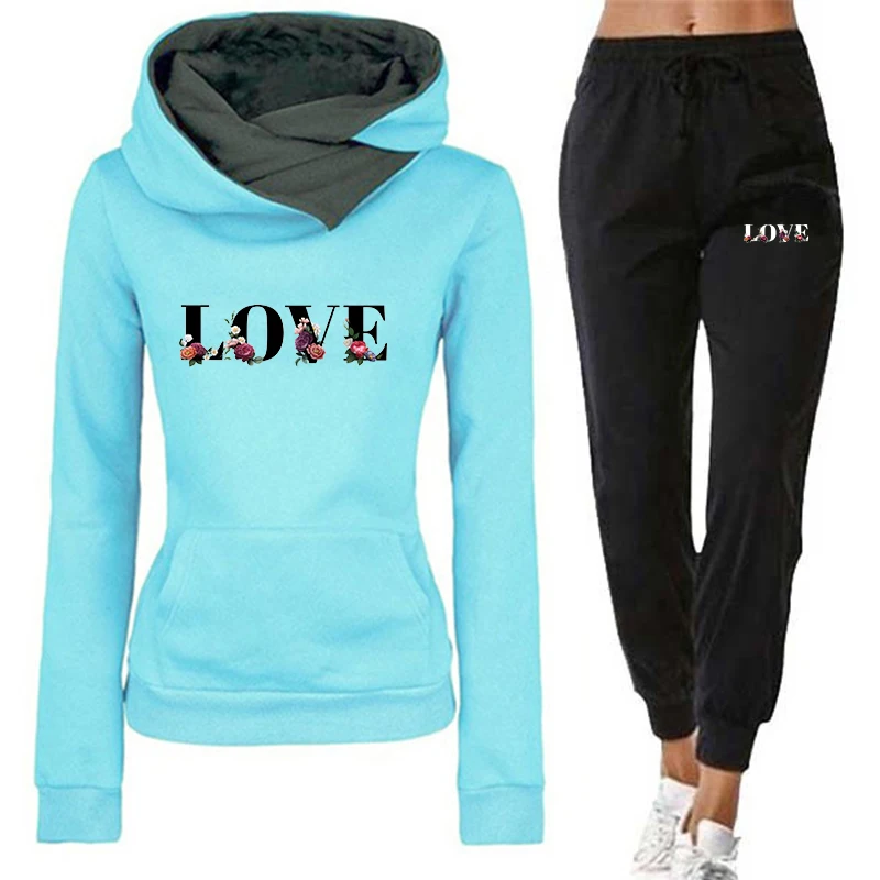 Womens Tracksuit Outfits Autumn Winter Hooded Sweatshirt +Black Sweatpants High Quality Ladies Daily Casual Warm 2 Piece Set