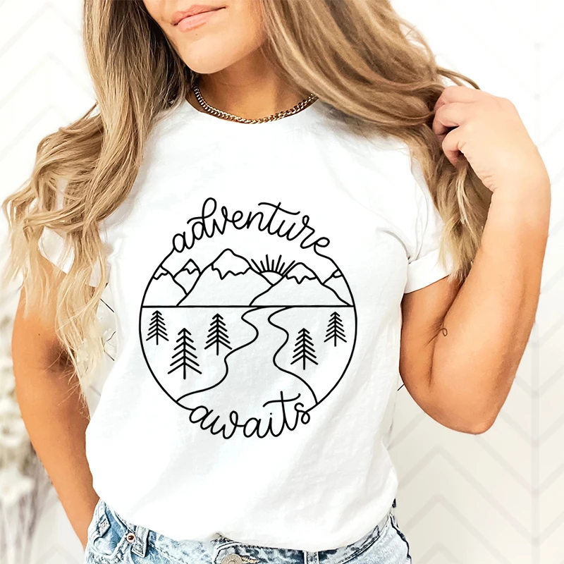 Adventure Awaits Outdoor Graphic T Shirts Women Mountain Nature Lover Gift Crew Neck Short Sleeve T-shirt Adventure Classic Tops