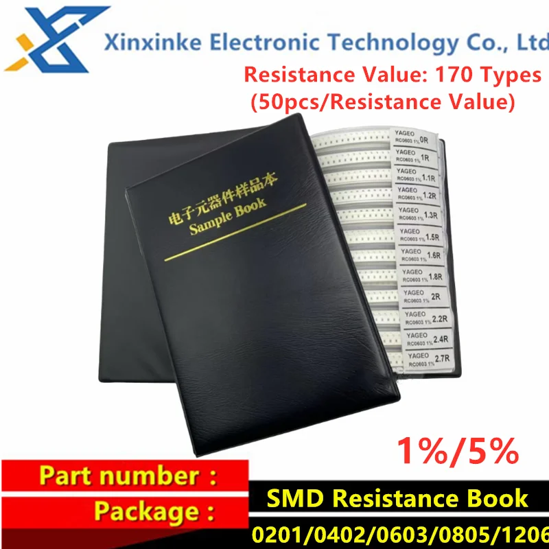 

(50PCS/Resistance Value) Resistance Book 0201 0402 0603 0805 1206 1% 5% 170 Types Resistance Value SMD Resistor