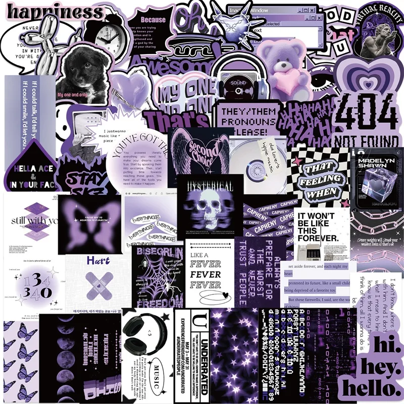 

10/30/60PCS Black Purple PVC Sticker Aesthetic Korean Decoration Scrapbooking Stationery Supplies Hand Accounting for Kids