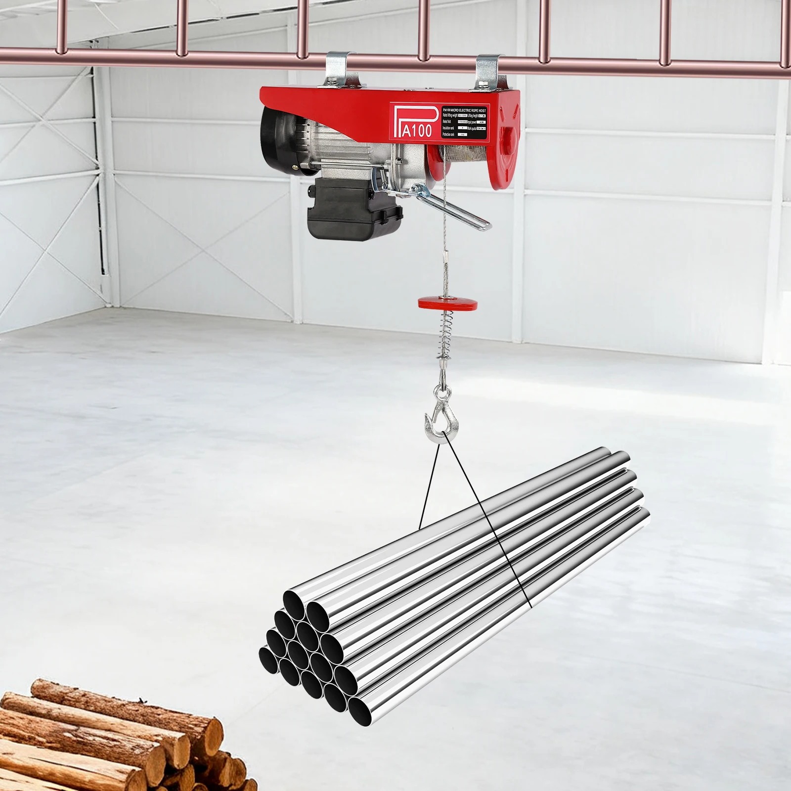 

480W 110V Electric Hoist, 220lbs Electric Winch,with Remote Control & Lifting Straps for Factories, Docks, Warehouses, Logistics