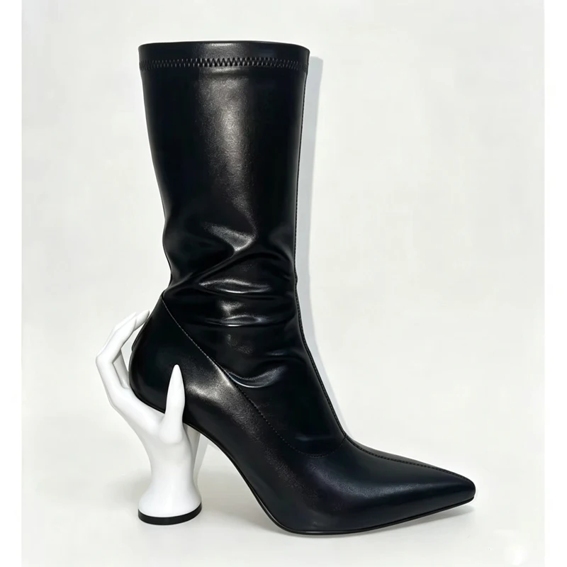 Women Unique 3D Hand Shaped Heel Mid Calf Boots Pointed Toe Stretch Sock Boots Strange Novelty High Heel Party Ankle Boots
