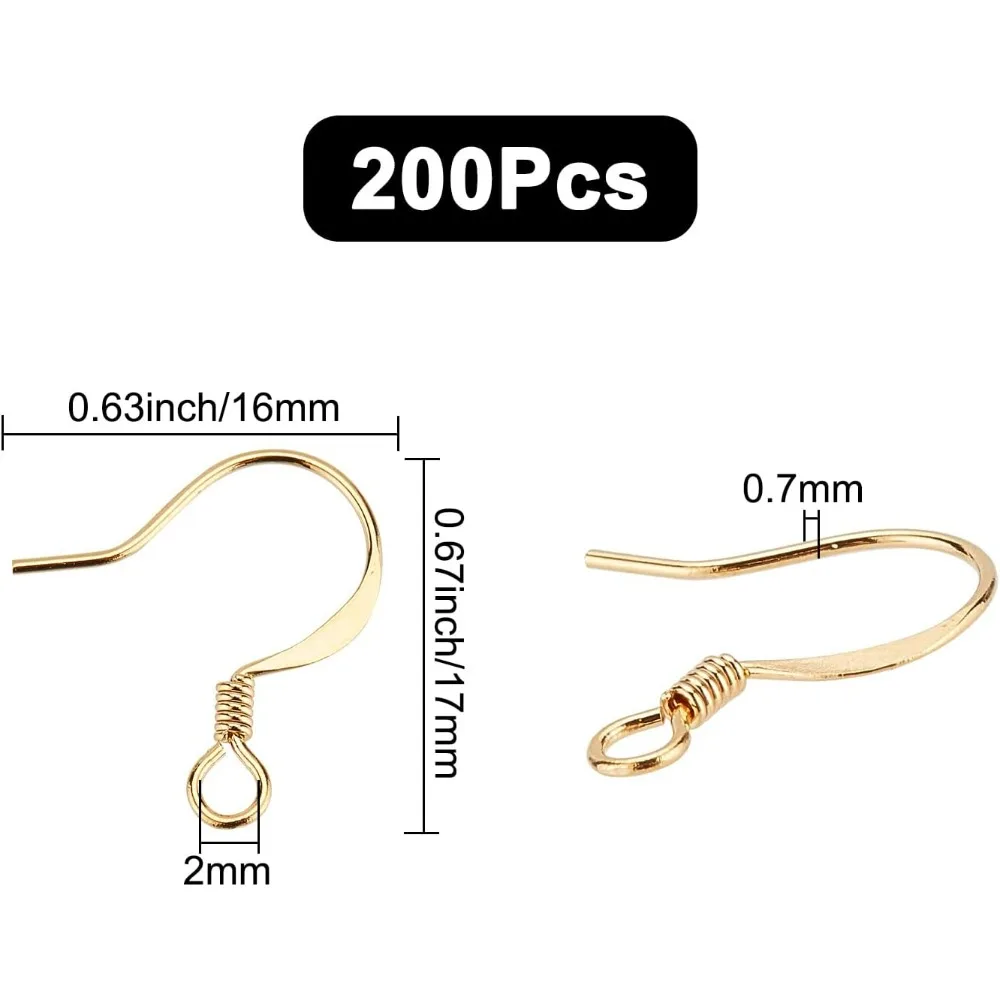 1 Box 200pcs Real 18K Gold Plated Brass Earring Hooks Golden Ear Fishhook Wires Earring Backs for Jewelry Making DIY