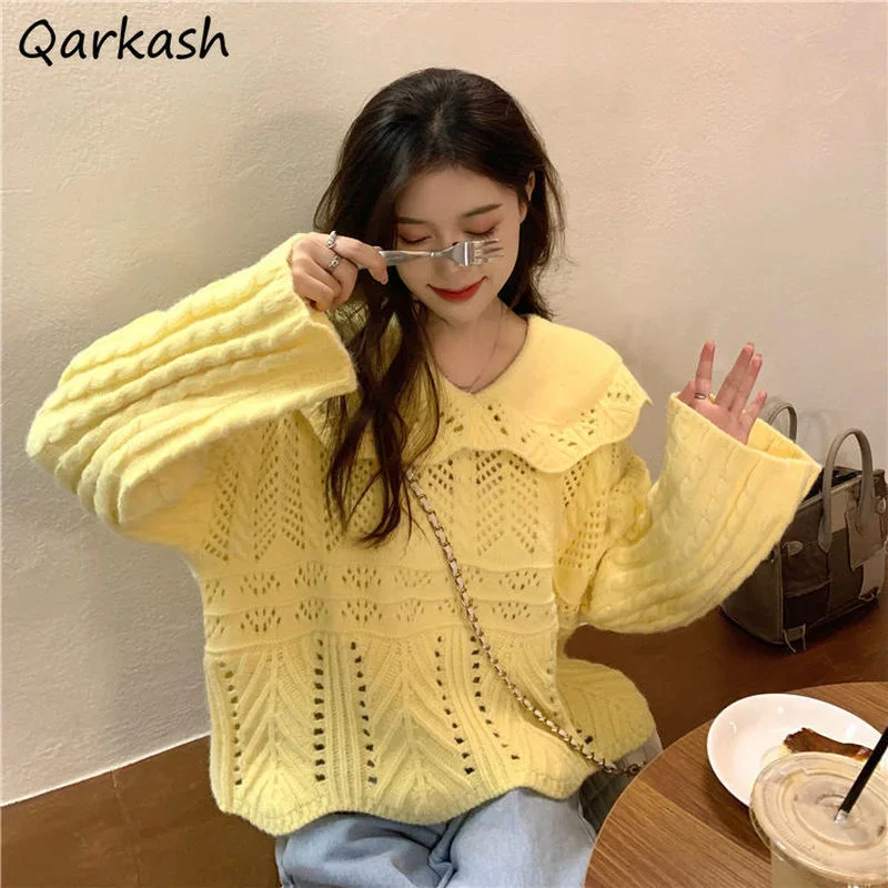 

Hollow Out Pullovers Women Solid Loose Peter Pan Collar Design Sweet Lovely Girls Students Leisure Ulzzang Sweater Soft Ins Chic