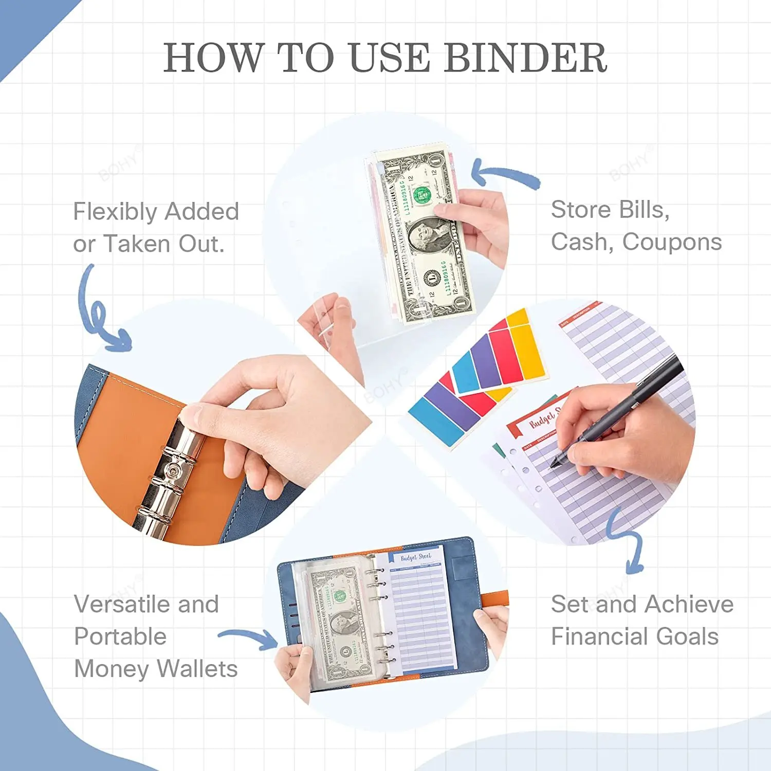 A6 Binder Budget 6 Hole Binder Pockets Plastic Binder Zipper Planner Notebook Covers Folder A6 Size Money Saving Envelope