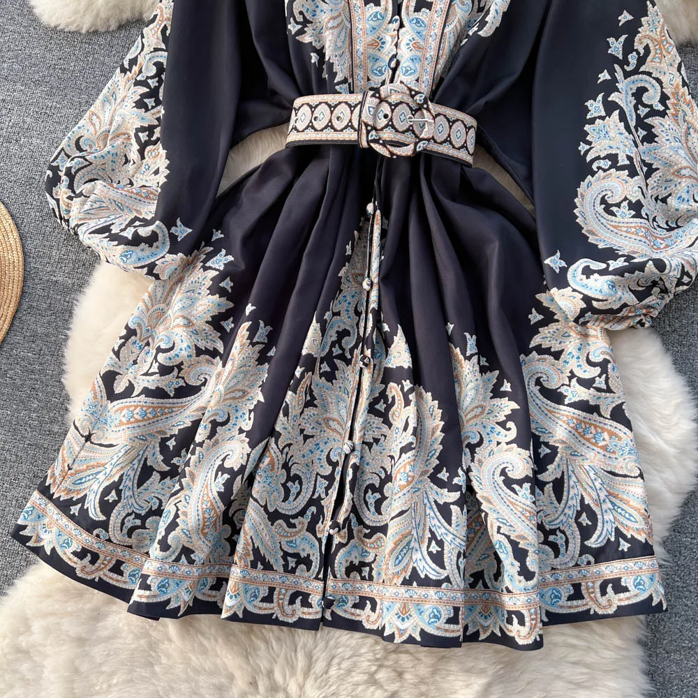Spring French Retro Printed Dress Women Single Breast Sexy V-neck Lantern Sleeve Midi Dresses Elegant Party Dress with belt