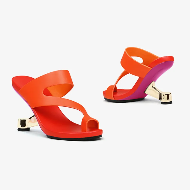 New Color2023 Orange Red Women Slippers Chic Design Formal Dress Sandals 8cm Strange High Heels Wedge Slides Black Summer Shoes