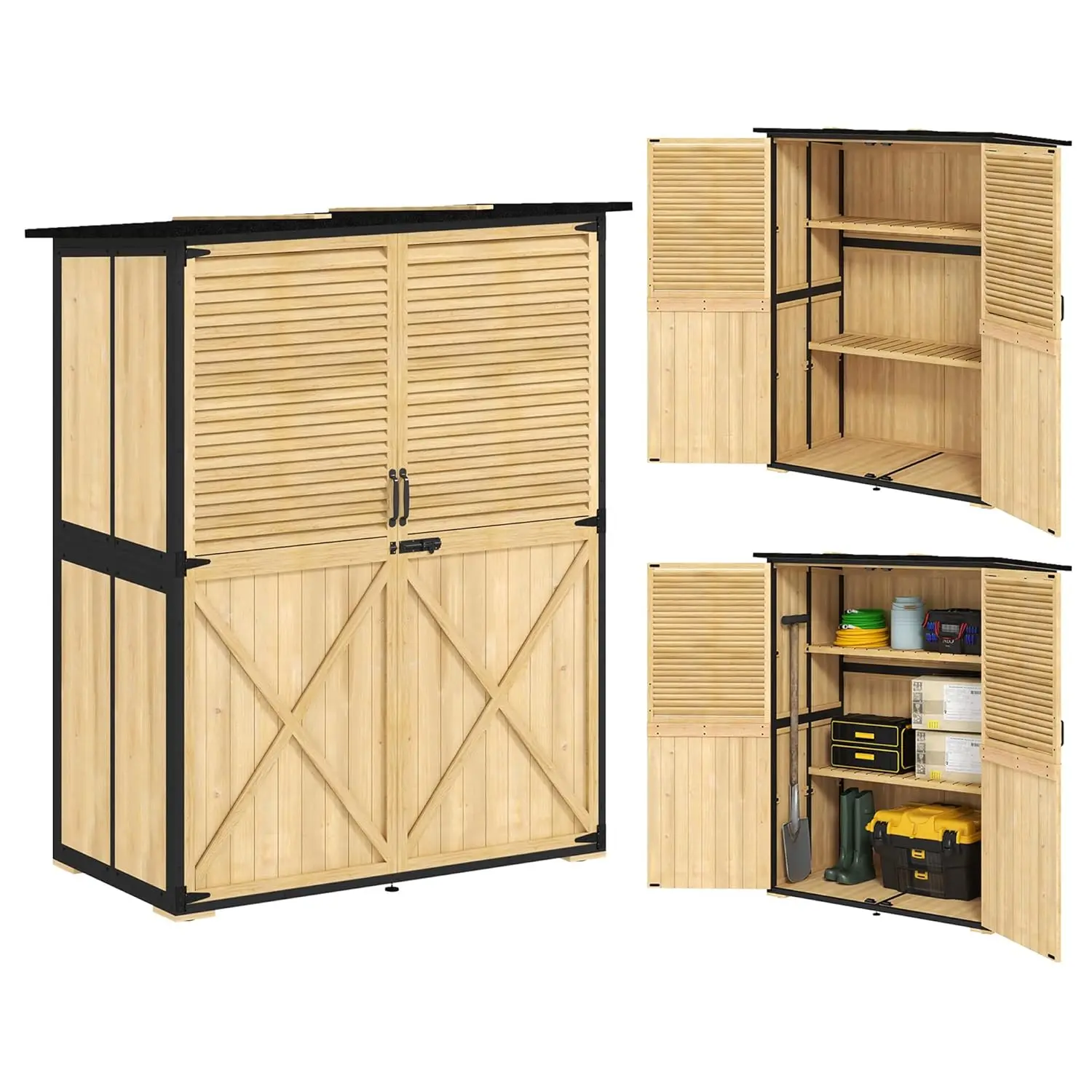 

Wood Outdoor Storage Cabinet Lockable Steel Frame Asphalt Roof Adjustable Shelves Feet Patio Backyard Lawn 5x3ft Customized