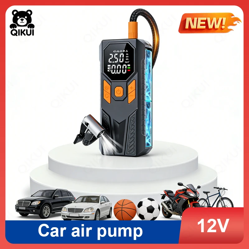 

Портативный беспроводной автомобильный компрессор для экстренного запуска двигателя с двойным дисплеем, манометром давления в шинах и функцией высокого давления