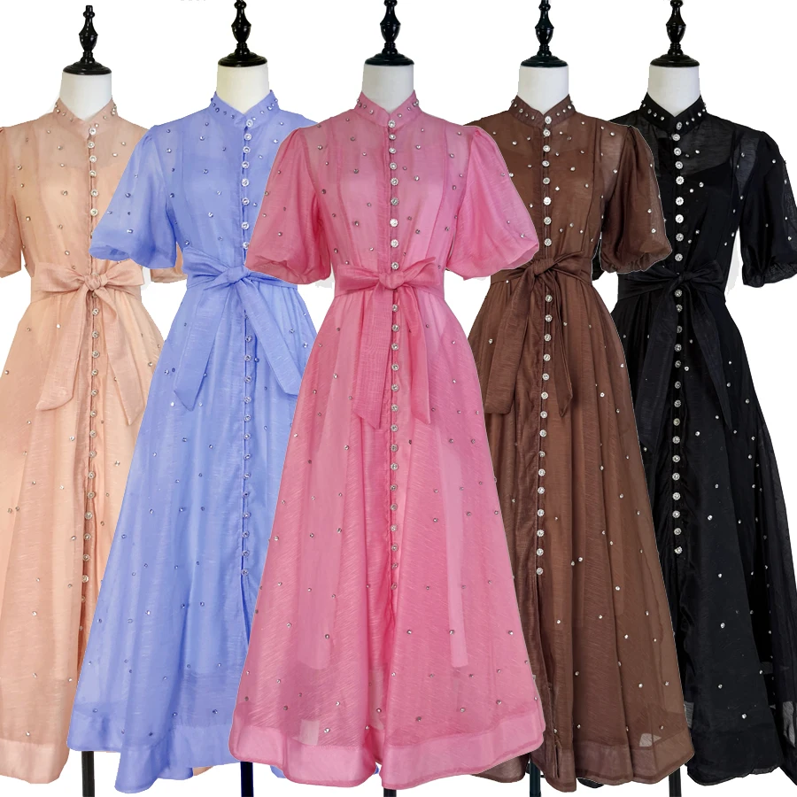 高級ビーズダイヤモンドイブニングウエディングドレス女性のためのスタンドカラーロングランタンスリーブシングルブレストベルト夏の女性の服