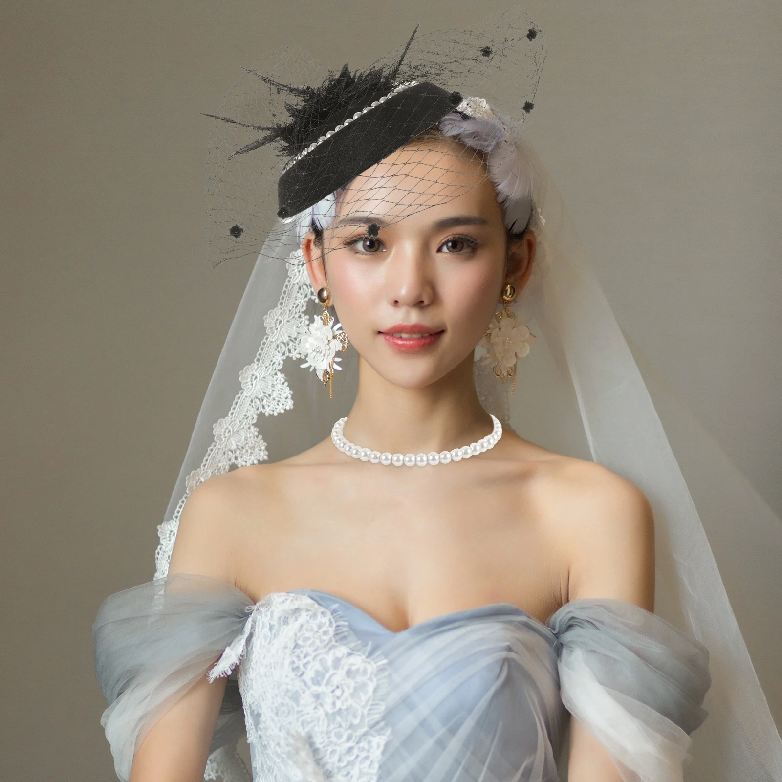 

Pearl Top Hat Set Retro Dinner Party Women 1920s Flapper Bride Gloves Headb Tea Hats Pearl Jewelry Earrings Hair Accessories