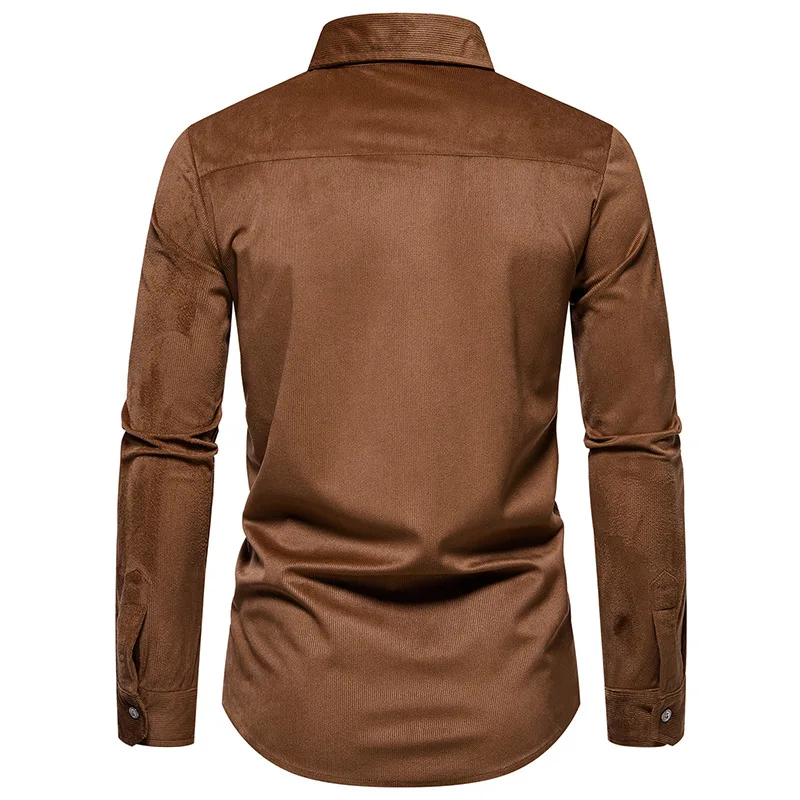 Mens Brown Corduroy Shirts 2023 Autumn New Long Sleeve Solid Casual Overshirt High Quality Button Down Daily Leisure Shirt Homme