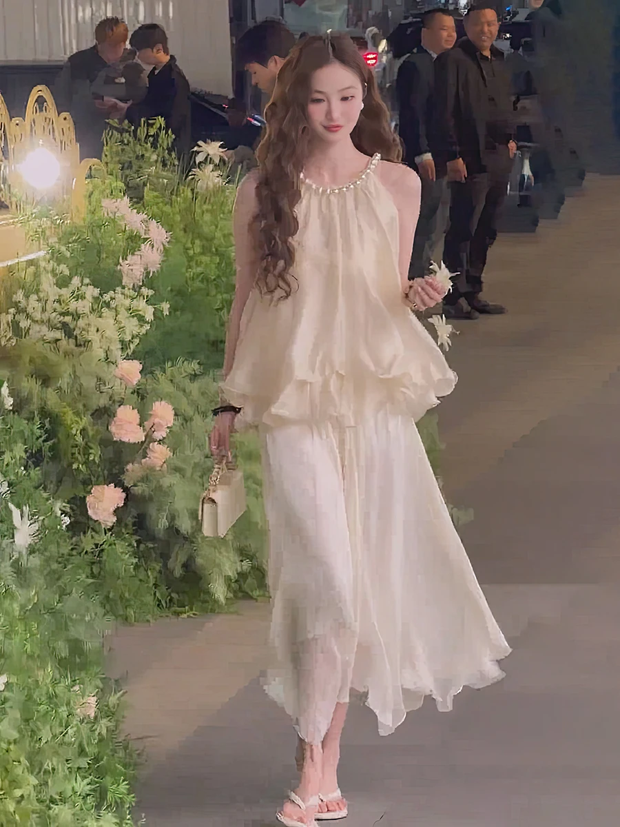 

Fairy Skirt Set Women's Svel oulder-baring Chiffon Top f-length A-Line Skirt Two-piece Summer 2025 New Arrival