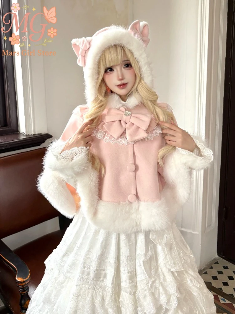 

Christmas Cape Cute Overcoats Women Japanese Lolita Cloak Jackets Faux Fur Coats Evening Party Ropa Mujer Bow Sweet Loose Tops