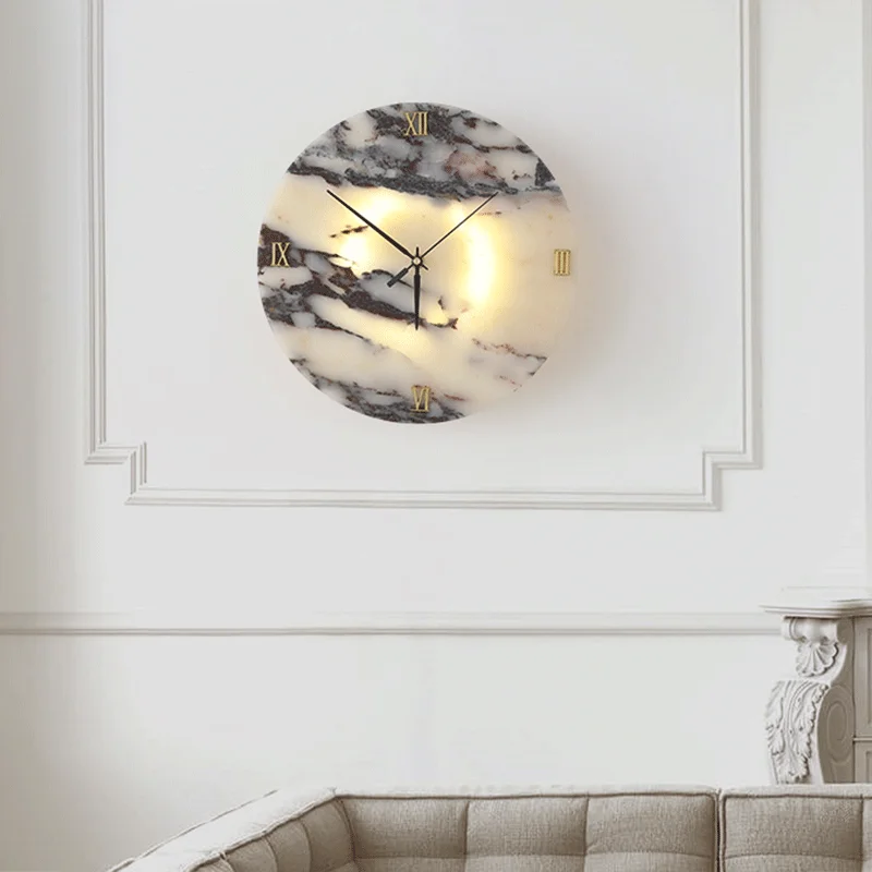 Round Luxury Clock Function Natural Stone Alabaster Wall Lamp Living Room Marble Sconce Decor Atmosphere LED High-end LED Light