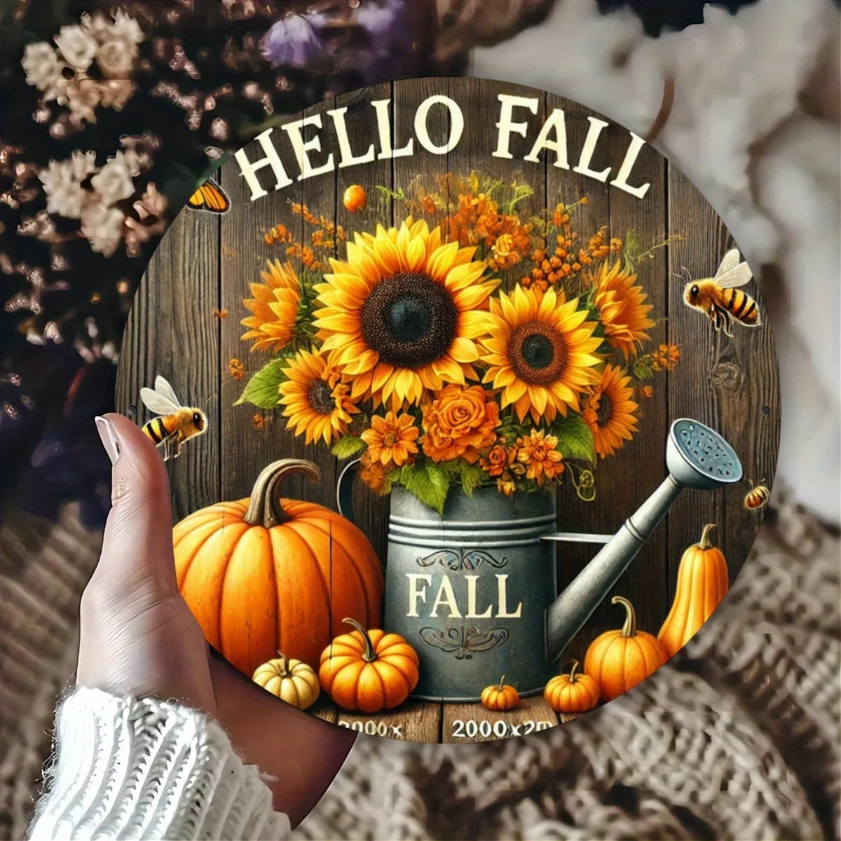 Hello Fall Sunflower Pattern Iron Foil Engraving Wall Art - Round Aluminum Sign Decor for Bar, Cafe, Club, Kitchen