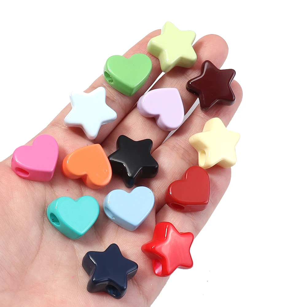 10pcs/lot Cream Colors Heart Acrylic Beads Solid Color Big Hole Stars Loose Beads For Jewelry Making DIY Necklace Keychains