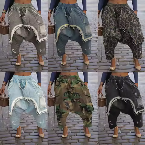 2025 Fall Winter Women Streetwear Trendy Ripped Out Hole Denim Pants Loose Safari Style Elastic Waist Cargo Hip Hop Harem Jeans