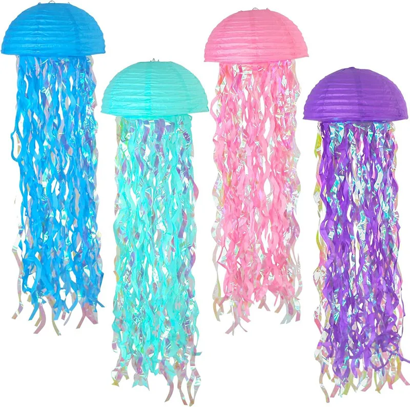 6ps Jellyfish Half circle Paper Lantern Set Gradient Colorful Lantern Mermaid themed underwater ocean birthday decoration view 4