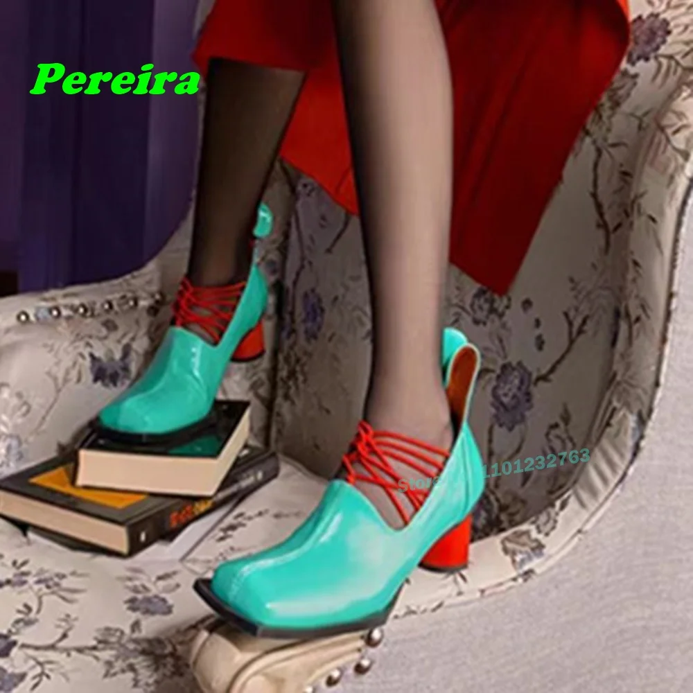 

Multi-Color Chunky Heels Pumps Square Toe Strap Shallow Glossy Patent Leather Women's Pumps Summer Newest 2024 Mary Jane Shoes