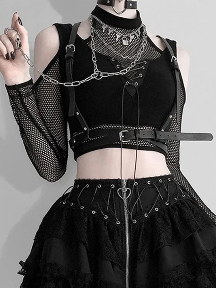 2024 Y2k Emo Alt Punk T-shirt Women Gothic Mesh Aesthetic Lace Up Patchwork Tee Tops Vintage Streetwear Open Shoulder Clothes