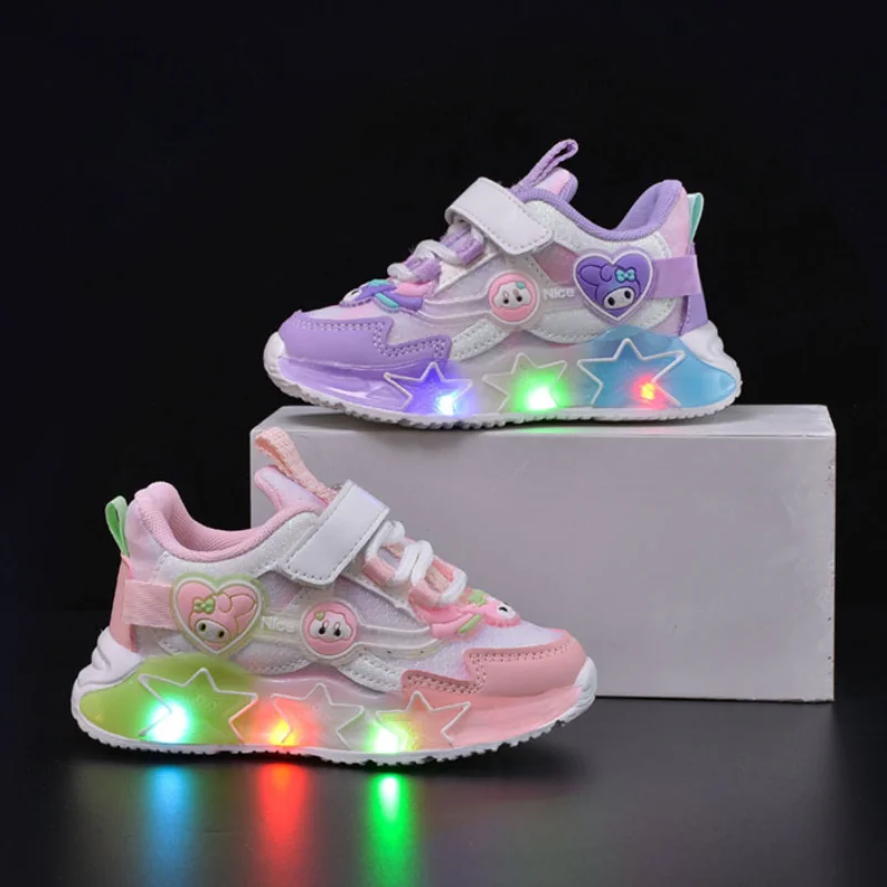 Cartoon Kuromi Girls LED Light Sports Shoes 2024 New Children\'s Anti Slip Soft Sole Cute Casual Shoes Kids Luminous Shoes